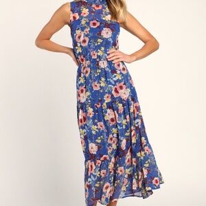 Lulus In My Dreams Blue Floral Print Midi Dress - Size M